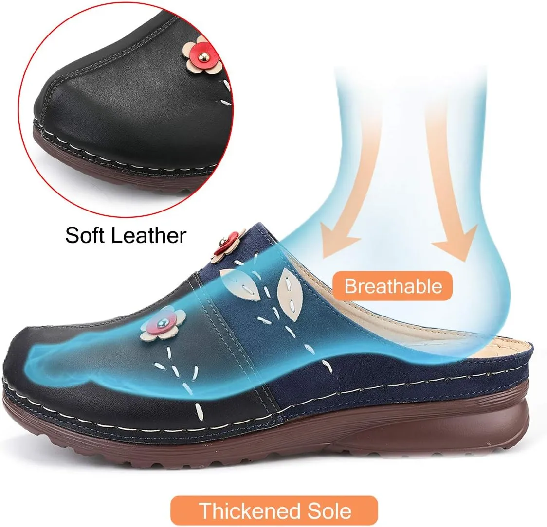 gracosy Clogs Shoes for Women, Summer Leather Slippers Comfort Work Clogs Slip on Loafers Wide Fit Mules Antil Slip Beach Shoes Flowers Wedge Sandals