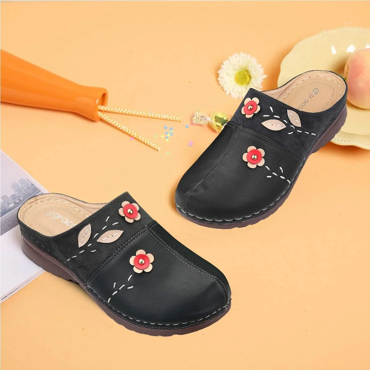 gracosy Clogs Shoes for Women, Summer Leather Slippers Comfort Work Clogs Slip on Loafers Wide Fit Mules Antil Slip Beach Shoes Flowers Wedge Sandals