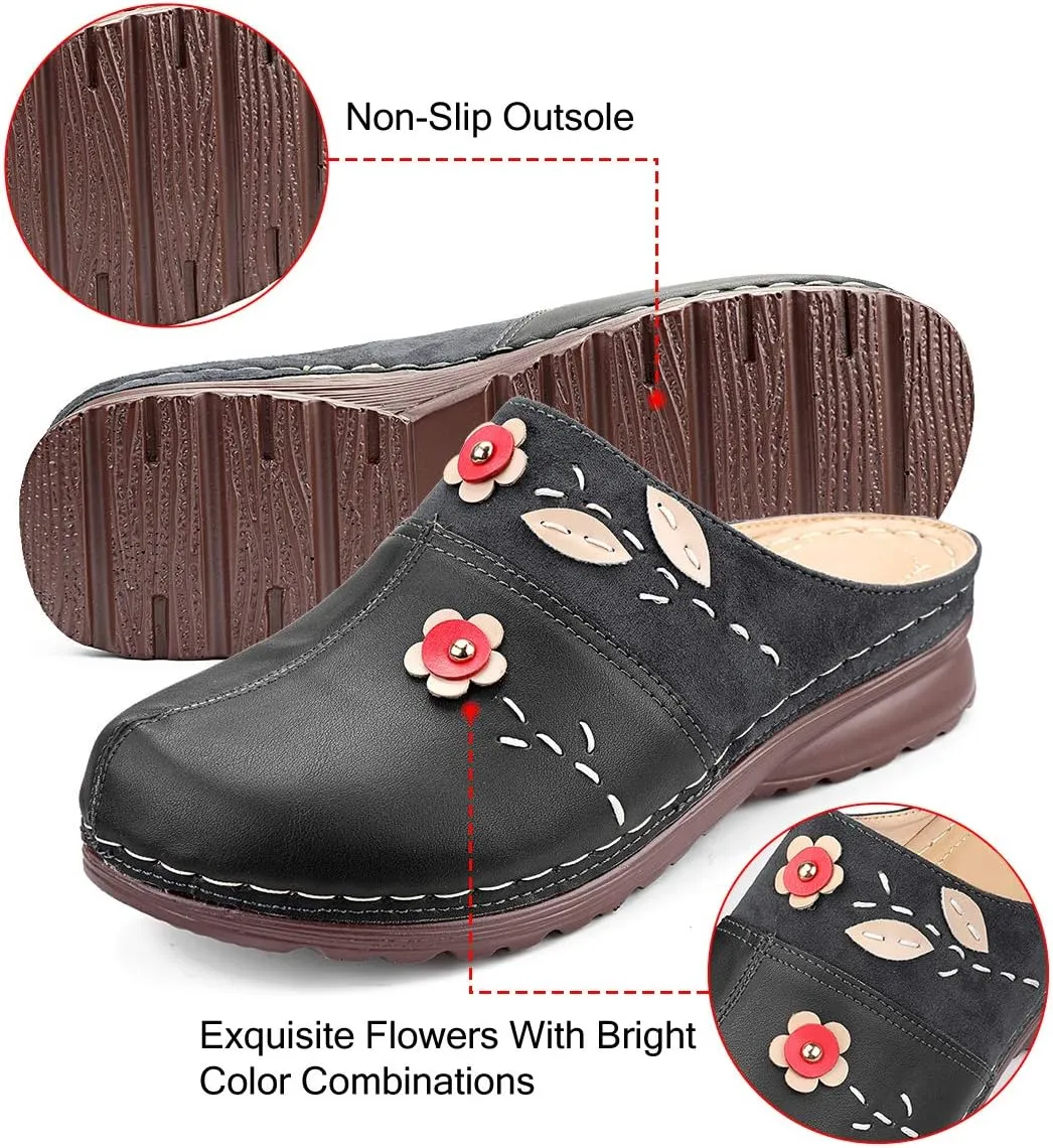 gracosy Clogs Shoes for Women, Summer Leather Slippers Comfort Work Clogs Slip on Loafers Wide Fit Mules Antil Slip Beach Shoes Flowers Wedge Sandals
