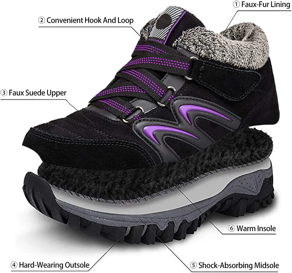 gracosy Women's Hiking Shoes, High Top Sneaker Winter Warm Hook Loop Snow Shoes Fur Lining Suede Ankle Bootie
