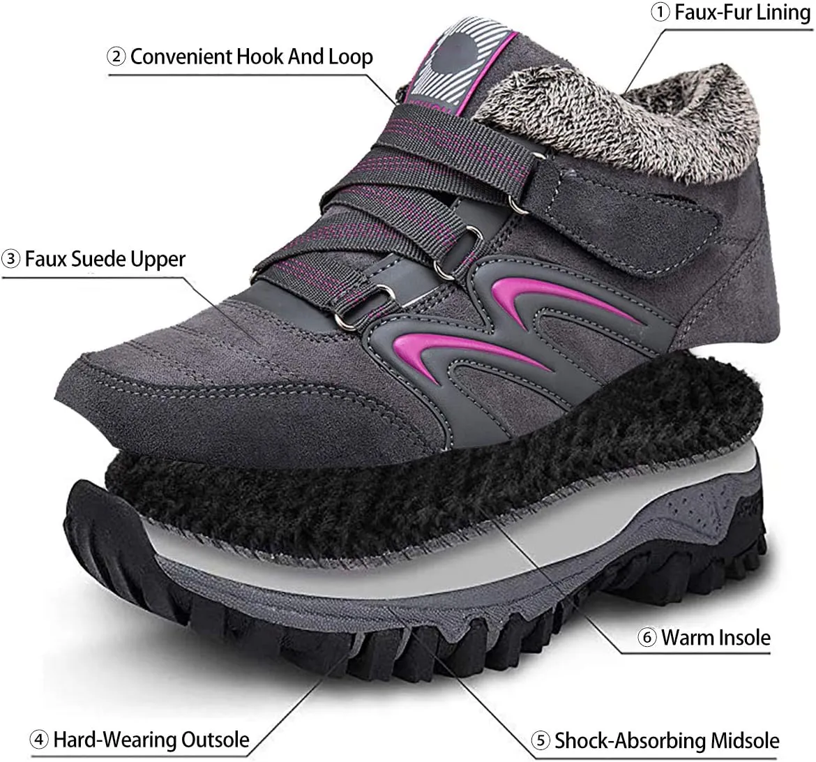 gracosy Women's Hiking Shoes, High Top Sneaker Winter Warm Hook Loop Snow Shoes Fur Lining Suede Ankle Bootie