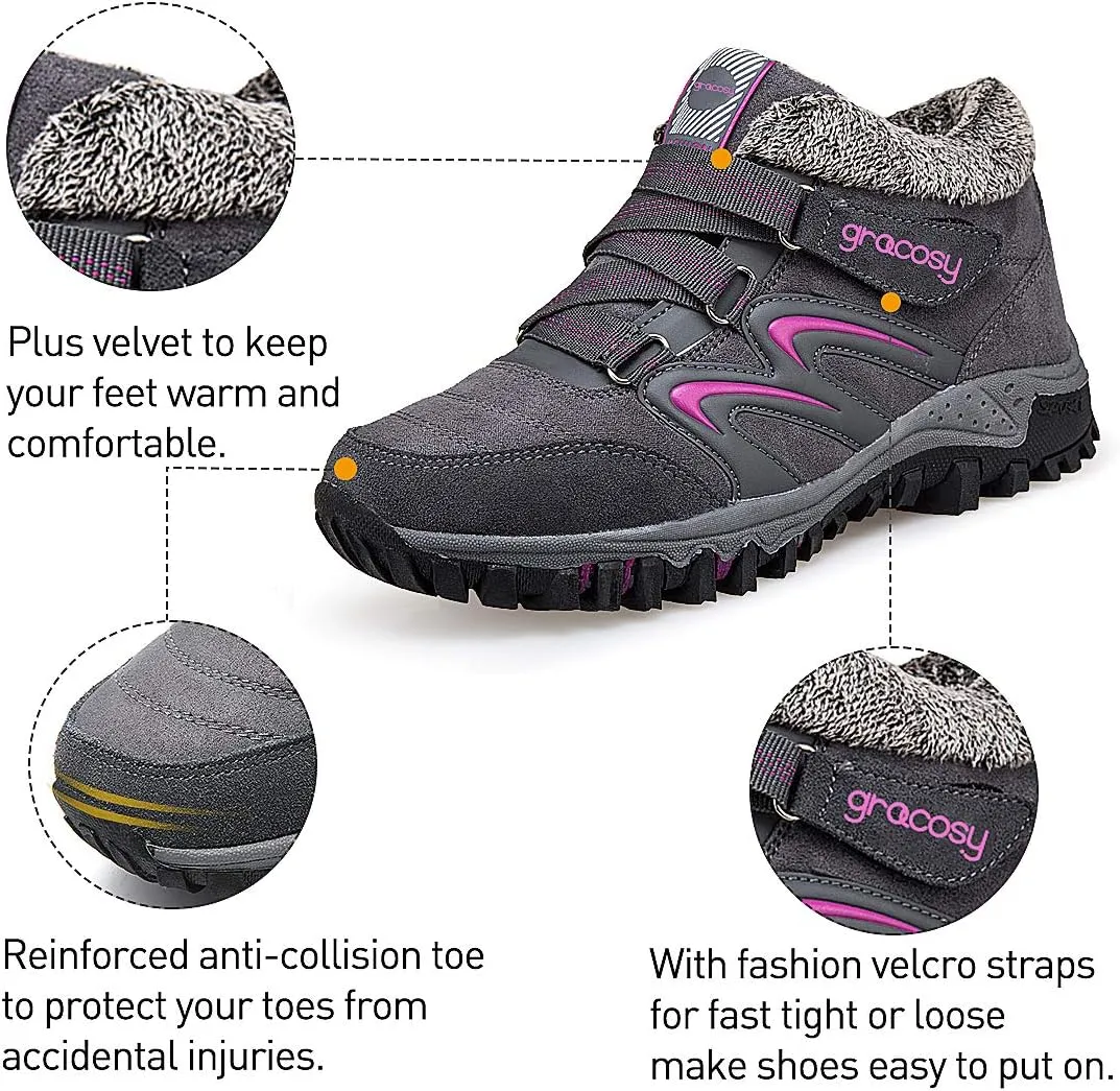 gracosy Women's Hiking Shoes, High Top Sneaker Winter Warm Hook Loop Snow Shoes Fur Lining Suede Ankle Bootie