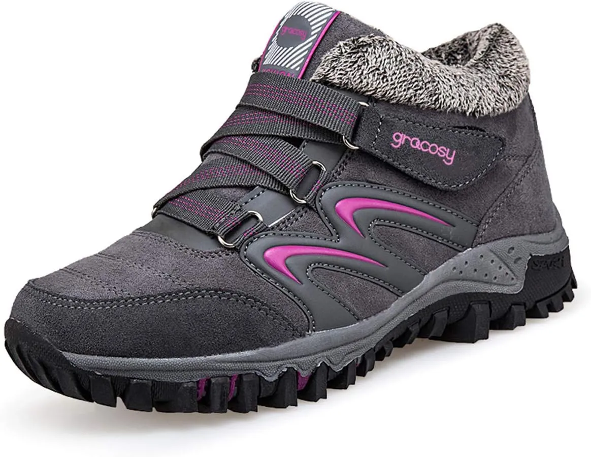 gracosy Women's Hiking Shoes, High Top Sneaker Winter Warm Hook Loop Snow Shoes Fur Lining Suede Ankle Bootie