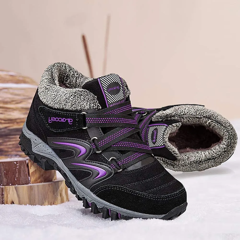 gracosy Women's Hiking Shoes, High Top Sneaker Winter Warm Hook Loop Snow Shoes Fur Lining Suede Ankle Bootie