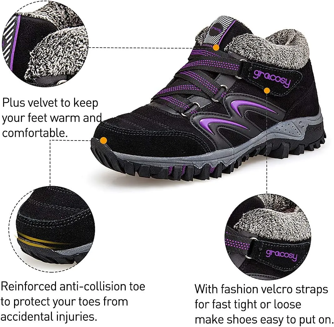 gracosy Women's Hiking Shoes, High Top Sneaker Winter Warm Hook Loop Snow Shoes Fur Lining Suede Ankle Bootie