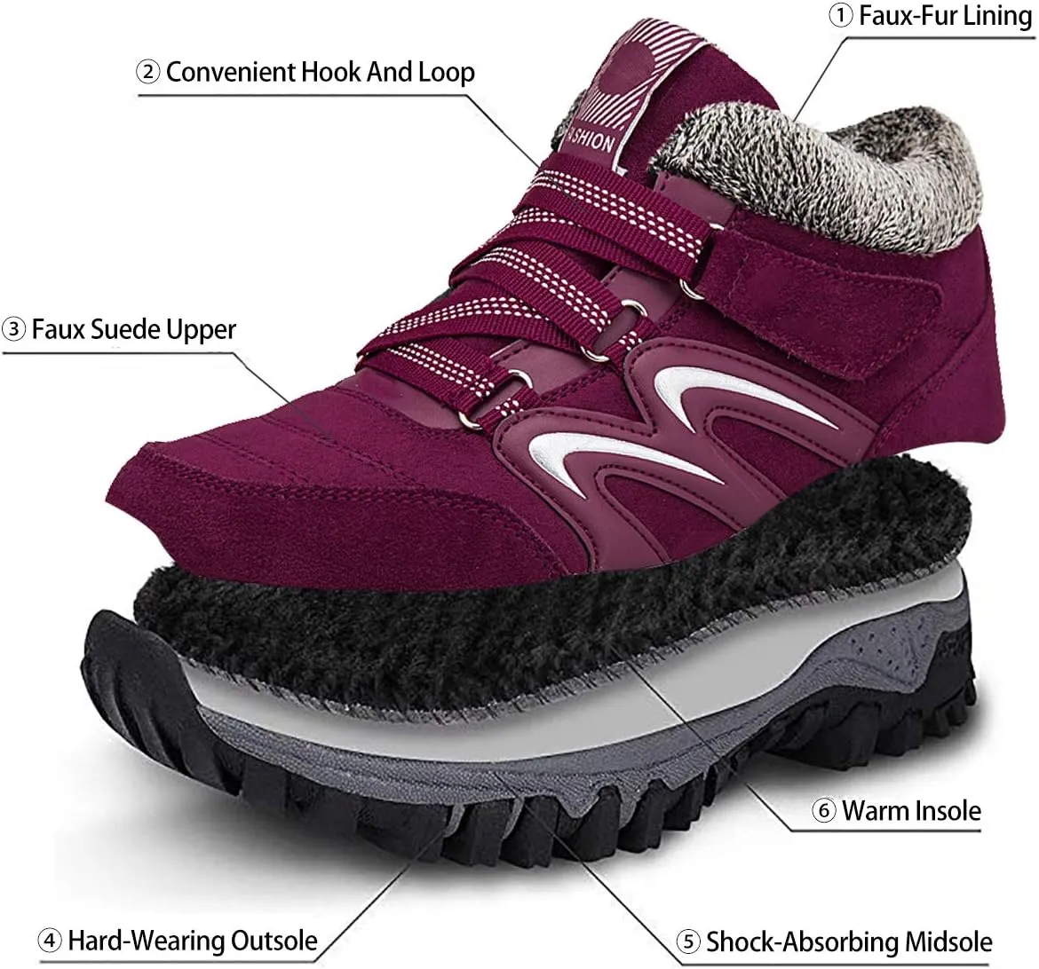 gracosy Women's Hiking Shoes, High Top Sneaker Winter Warm Hook Loop Snow Shoes Fur Lining Suede Ankle Bootie