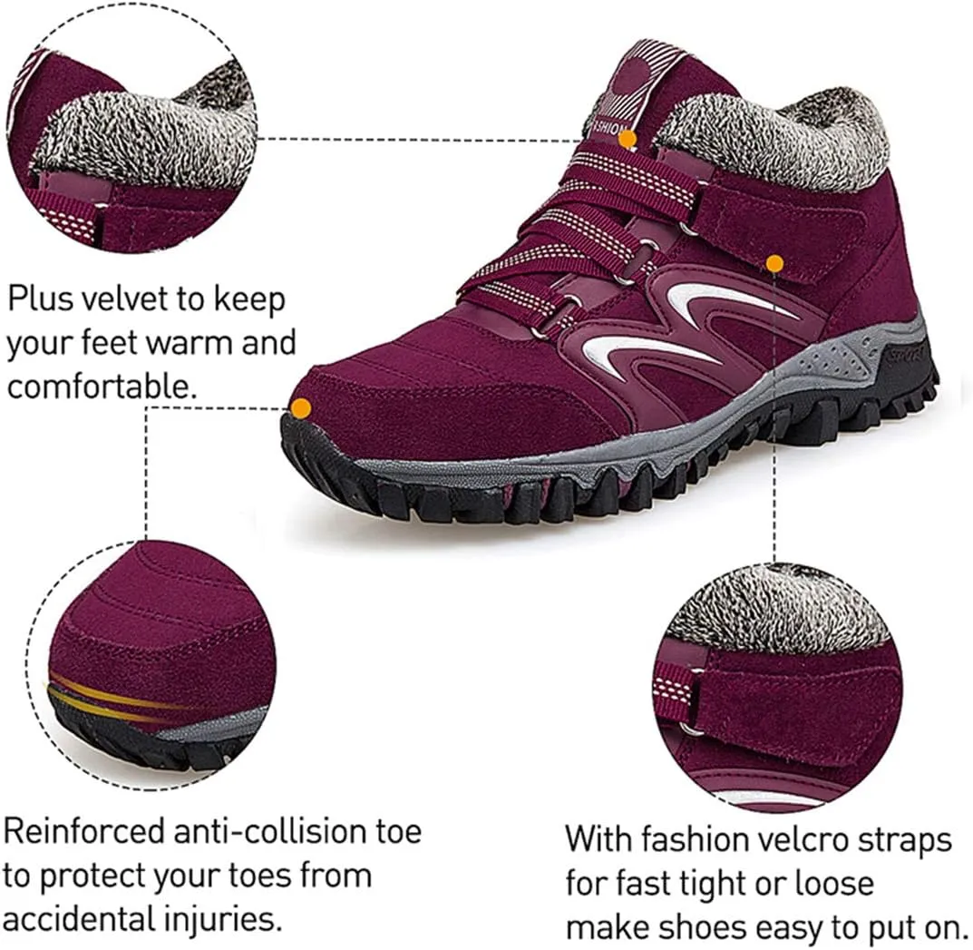 gracosy Women's Hiking Shoes, High Top Sneaker Winter Warm Hook Loop Snow Shoes Fur Lining Suede Ankle Bootie