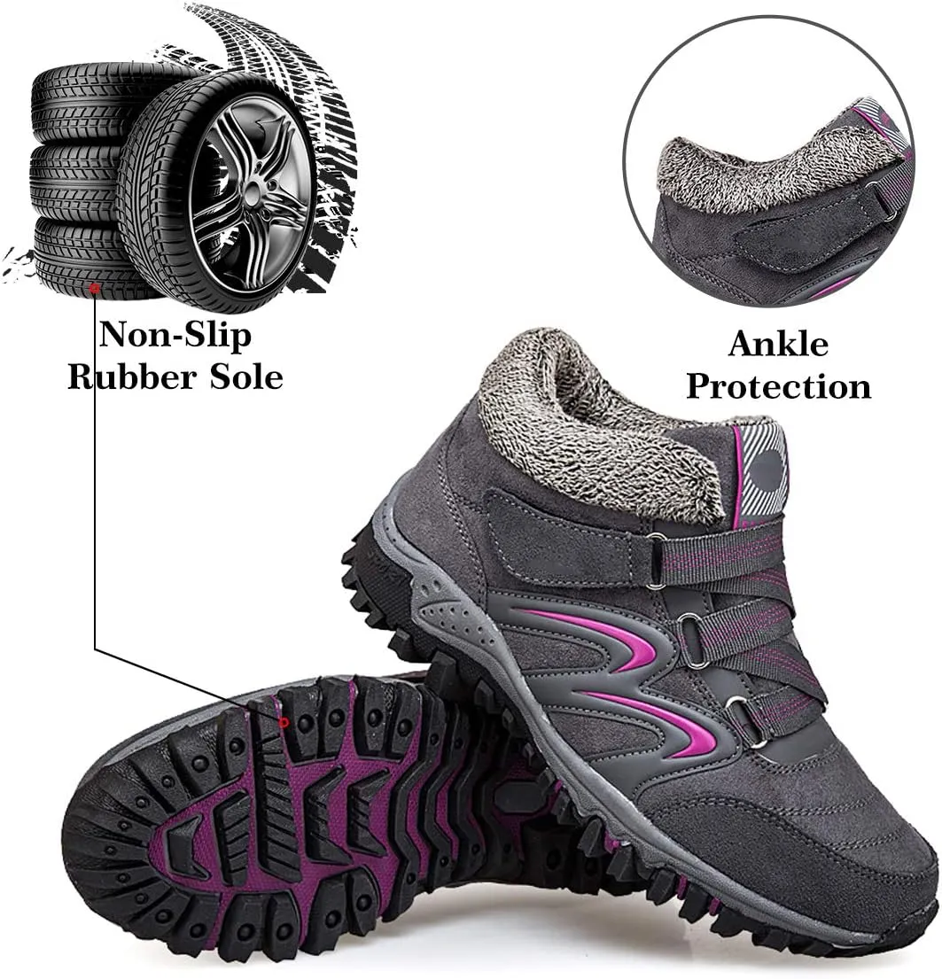 gracosy Women's Hiking Shoes, High Top Sneaker Winter Warm Hook Loop Snow Shoes Fur Lining Suede Ankle Bootie