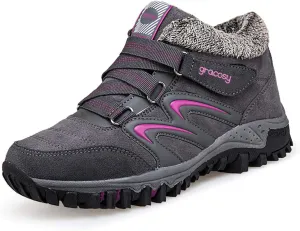 gracosy Women's Hiking Shoes, High Top Sneaker Winter Warm Hook Loop Snow Shoes Fur Lining Suede Ankle Bootie