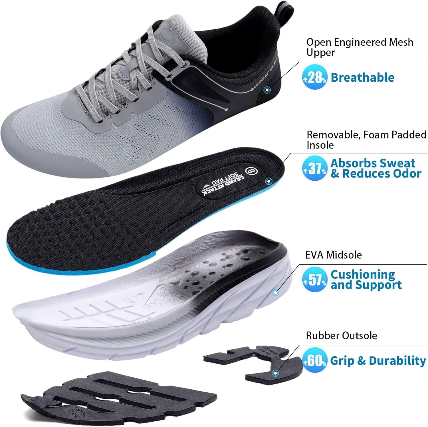 Grand Attack Men's Road Running Walking Shoes | Max Cushioned Comfort | Durable Non-Slip | Breathable Athletic Tennis Cross-Training Sneakers
