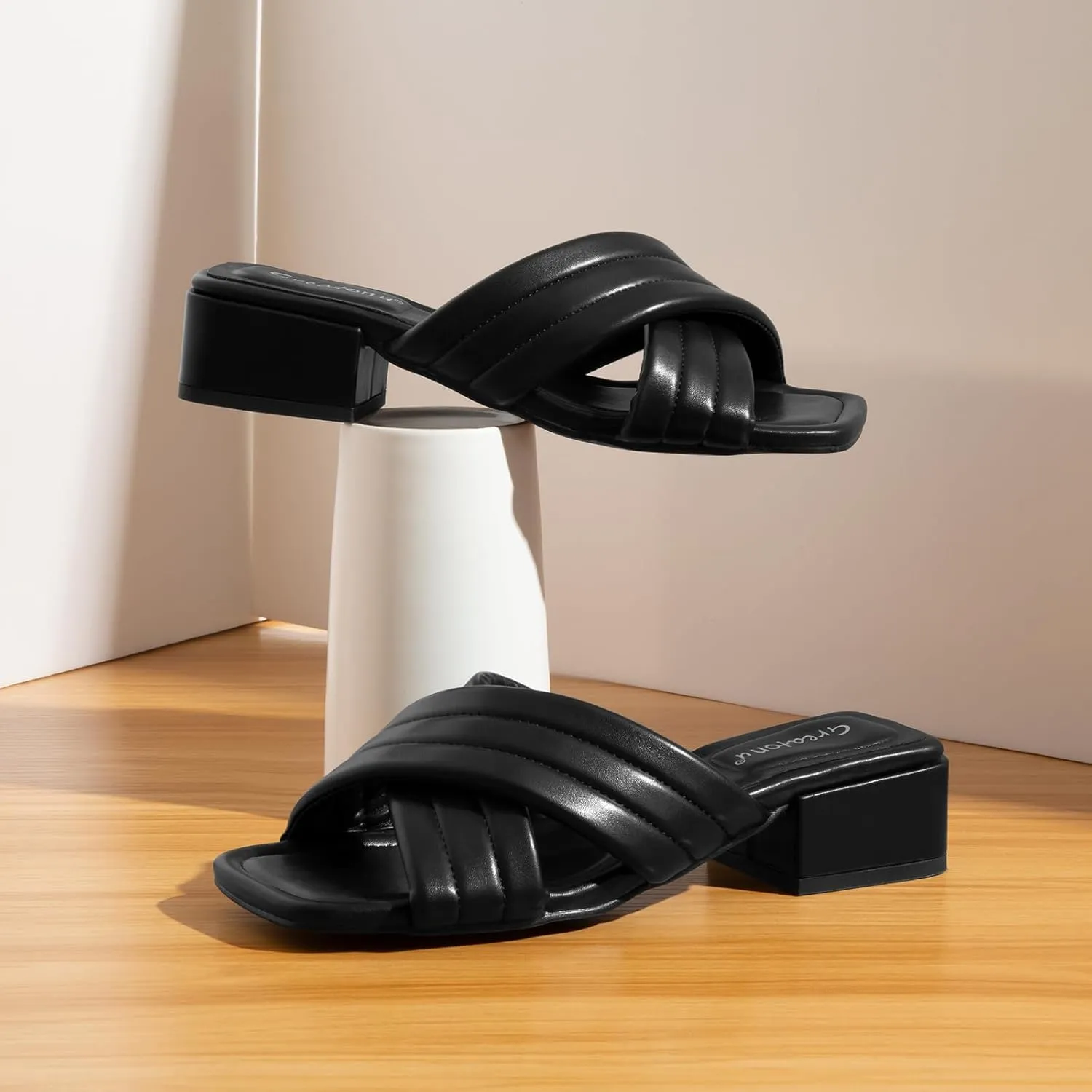 Greatonu Women's Chunky Heeled Sandals Square Open Toe Mules Heels Cross Band Summer Dressy Sandals