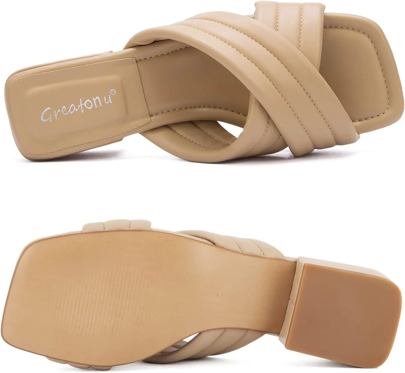 Greatonu Women's Chunky Heeled Sandals Square Open Toe Mules Heels Cross Band Summer Dressy Sandals