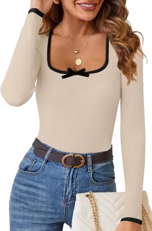 HAEOF Womens 2024 Fall Long Sleeve Ribbed Knit Sweaters Dressy Casual Square Neck Slim Fit Shirts Cute Trendy Tops