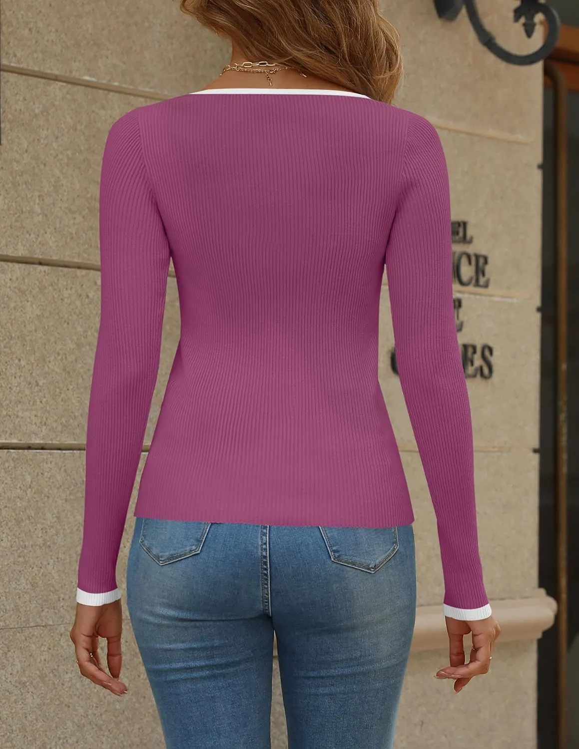 HAEOF Womens 2024 Fall Long Sleeve Ribbed Knit Sweaters Dressy Casual Square Neck Slim Fit Shirts Cute Trendy Tops