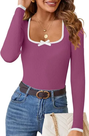 HAEOF Womens 2024 Fall Long Sleeve Ribbed Knit Sweaters Dressy Casual Square Neck Slim Fit Shirts Cute Trendy Tops