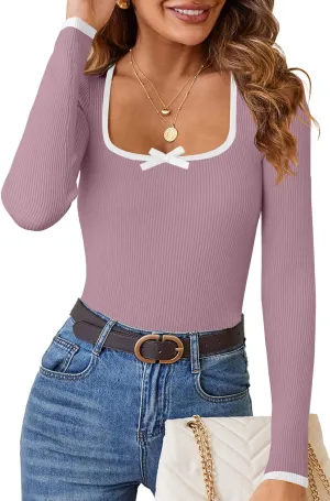 HAEOF Womens 2024 Fall Long Sleeve Ribbed Knit Sweaters Dressy Casual Square Neck Slim Fit Shirts Cute Trendy Tops