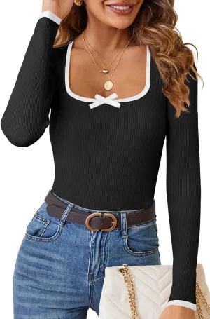 HAEOF Womens 2024 Fall Long Sleeve Ribbed Knit Sweaters Dressy Casual Square Neck Slim Fit Shirts Cute Trendy Tops