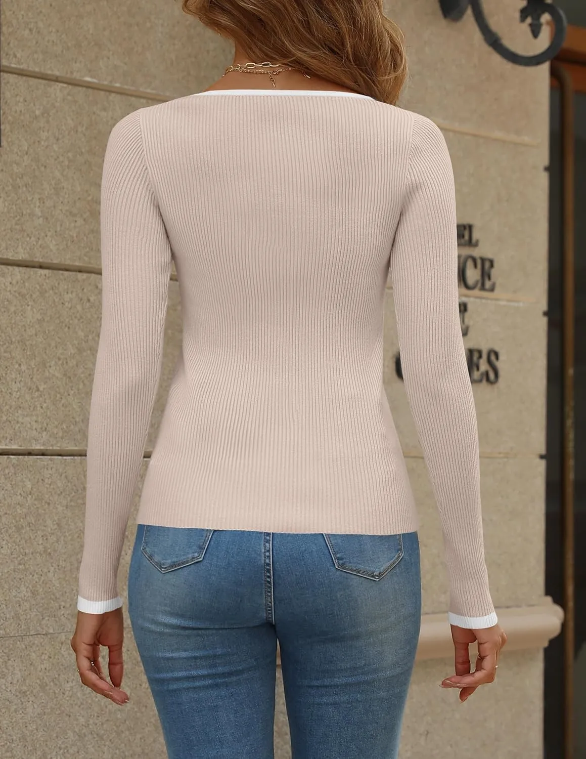 HAEOF Womens 2024 Fall Long Sleeve Ribbed Knit Sweaters Dressy Casual Square Neck Slim Fit Shirts Cute Trendy Tops