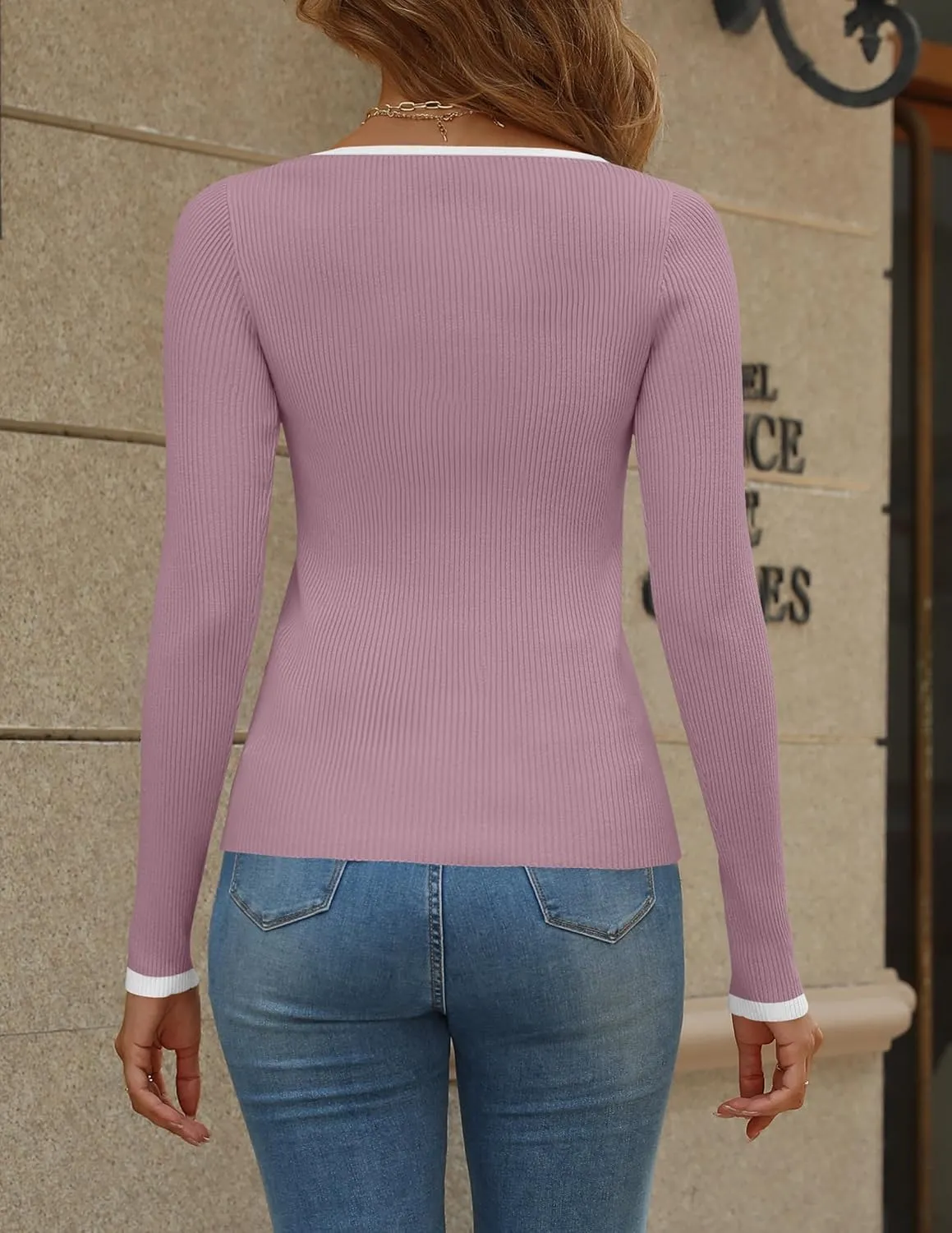 HAEOF Womens 2024 Fall Long Sleeve Ribbed Knit Sweaters Dressy Casual Square Neck Slim Fit Shirts Cute Trendy Tops