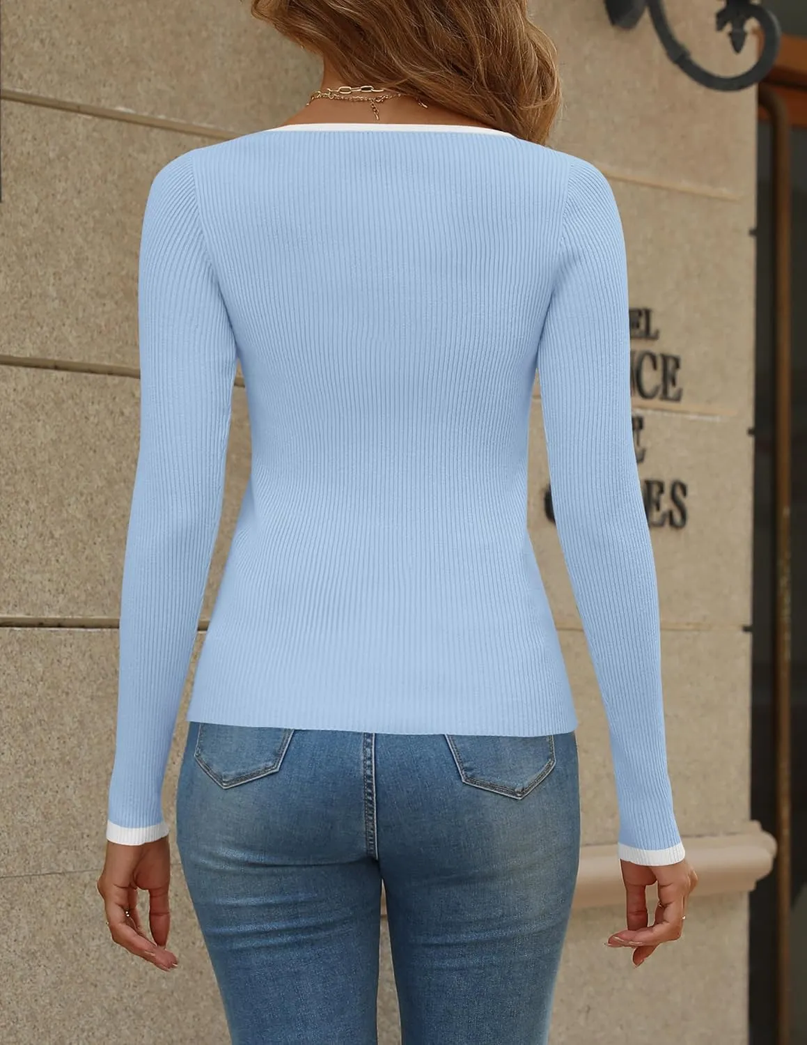 HAEOF Womens 2024 Fall Long Sleeve Ribbed Knit Sweaters Dressy Casual Square Neck Slim Fit Shirts Cute Trendy Tops