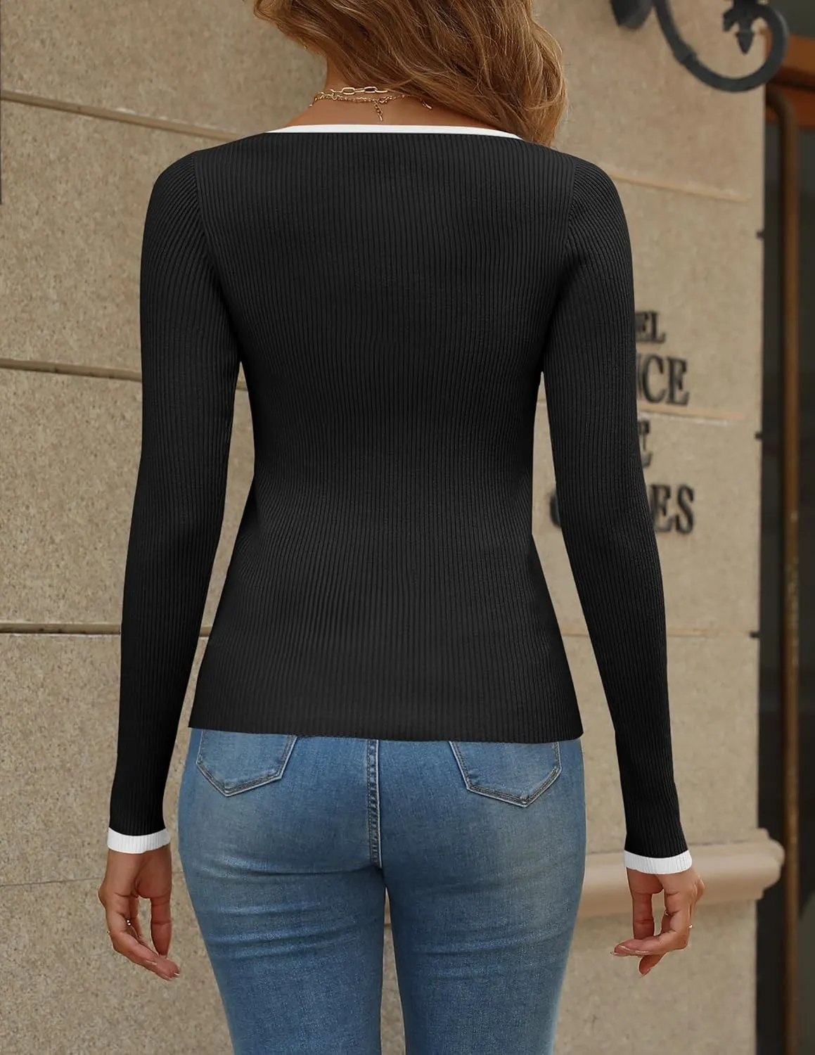 HAEOF Womens 2024 Fall Long Sleeve Ribbed Knit Sweaters Dressy Casual Square Neck Slim Fit Shirts Cute Trendy Tops