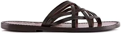 Handmade Dark Brown Braid Leather Womens Thongs and Leather Sole