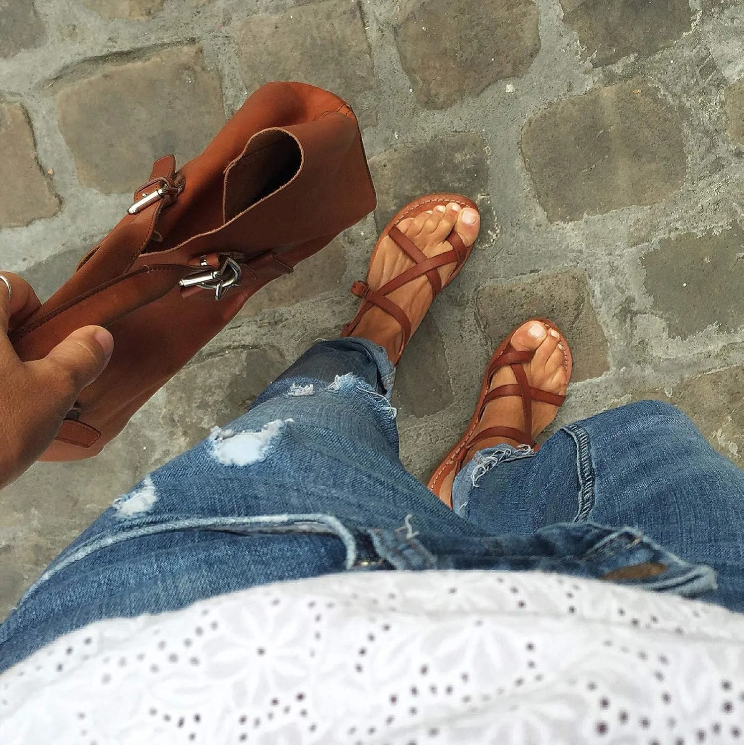 Handmade in Italy Womens Slave Sandals in Vintage Cuir Leather