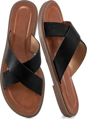 HARENCE Womens Flat Slides Sandals: Dressy Summer Slip On Flats Shoes Comfortable Open Toe Walking Beach Slide Sandal