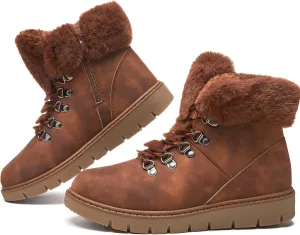 hash bubbie Women's Winter Boots Ankle Booties for Women Warm Fuzzy Boots Lace up PU Leather Snow Boots with Zipper