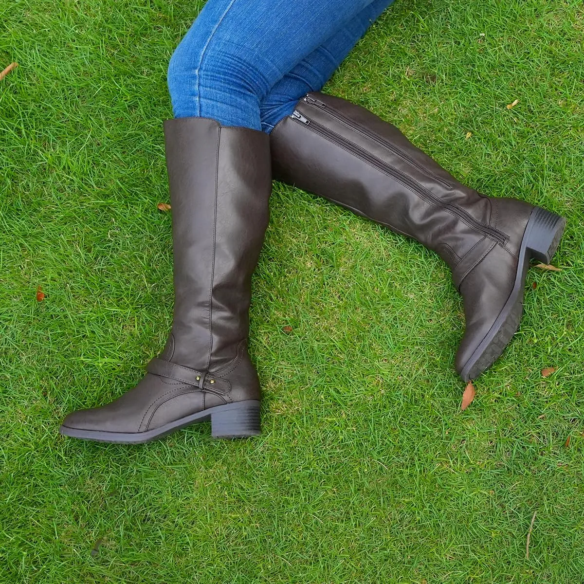 Hawkwell Women's Wide Calf Double Zipper Knee High Riding Boots
