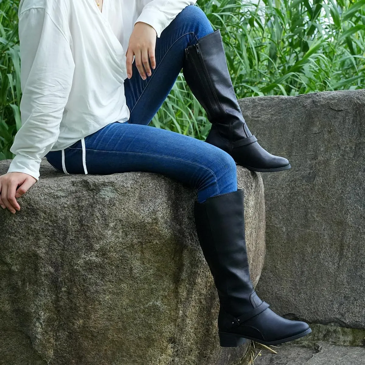 Hawkwell Women's Wide Calf Double Zipper Knee High Riding Boots