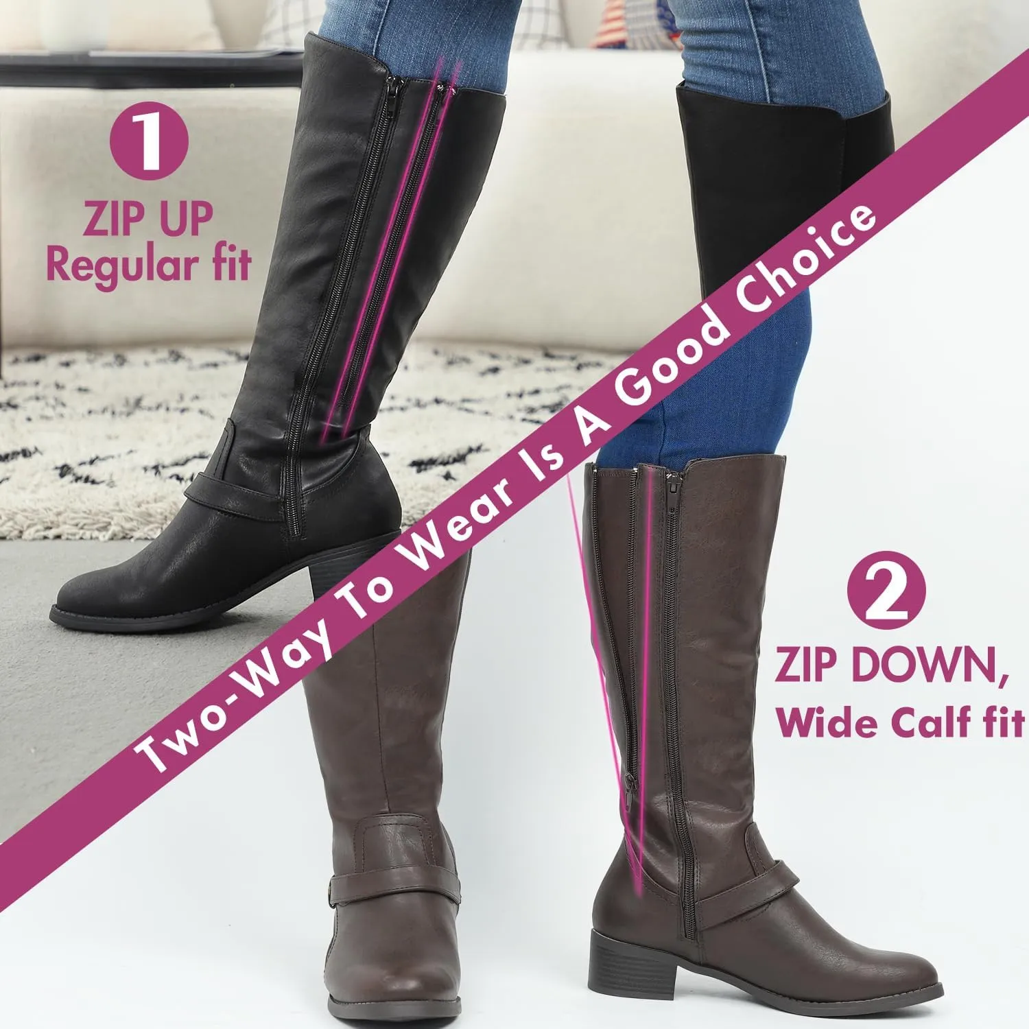 Hawkwell Women's Wide Calf Double Zipper Knee High Riding Boots