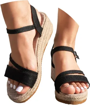 Hbeylia Women's Espadrille Wedge Sandals Ankle Strap Platform Open Toe Wedges Stylish Low Heel Dressy Summer Espadrilles Shoes for Women Comfortable Walking Ankle Strap Buckle Beach Sandals