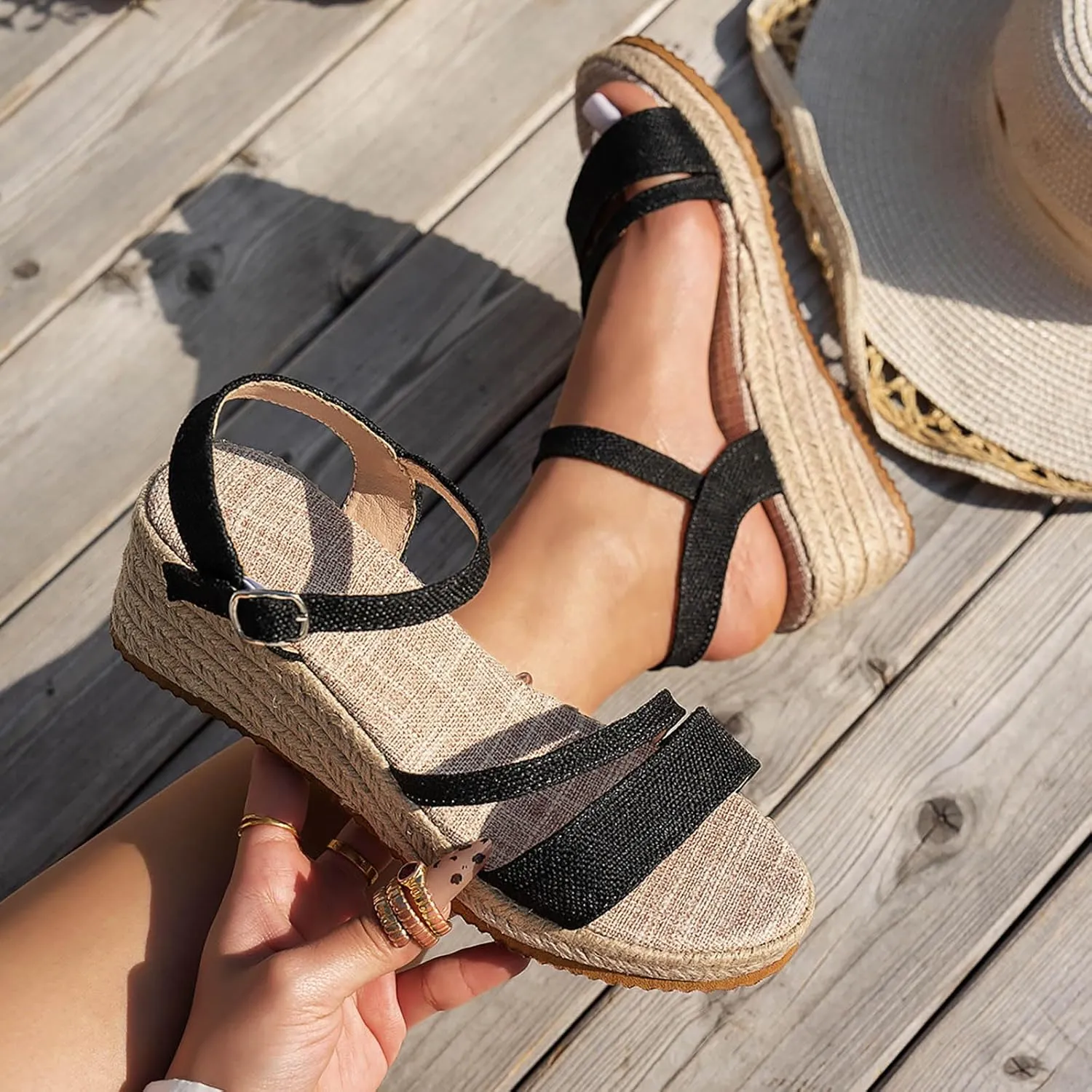 Hbeylia Women's Espadrille Wedge Sandals Ankle Strap Platform Open Toe Wedges Stylish Low Heel Dressy Summer Espadrilles Shoes for Women Comfortable Walking Ankle Strap Buckle Beach Sandals