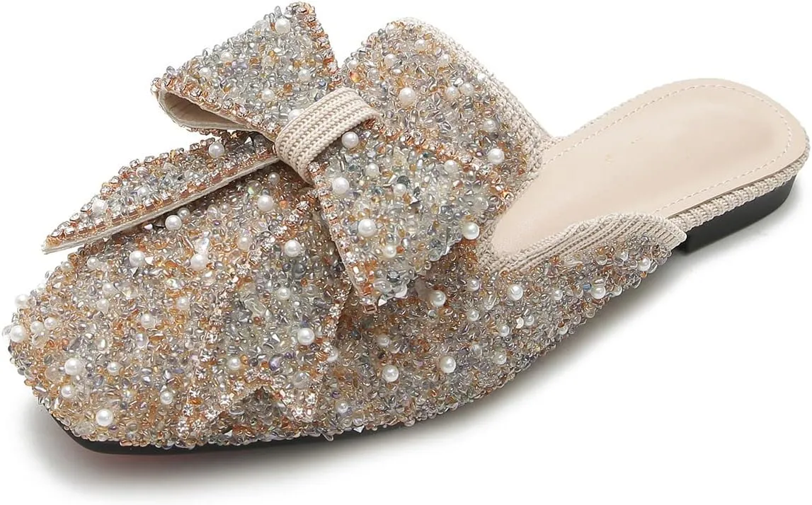 Hee grand Women Mules Bow-Knot Closed Square Toe Mules Fashion Rhinestones Flat Slippers Slip On Loafers Casual Flat Shoes