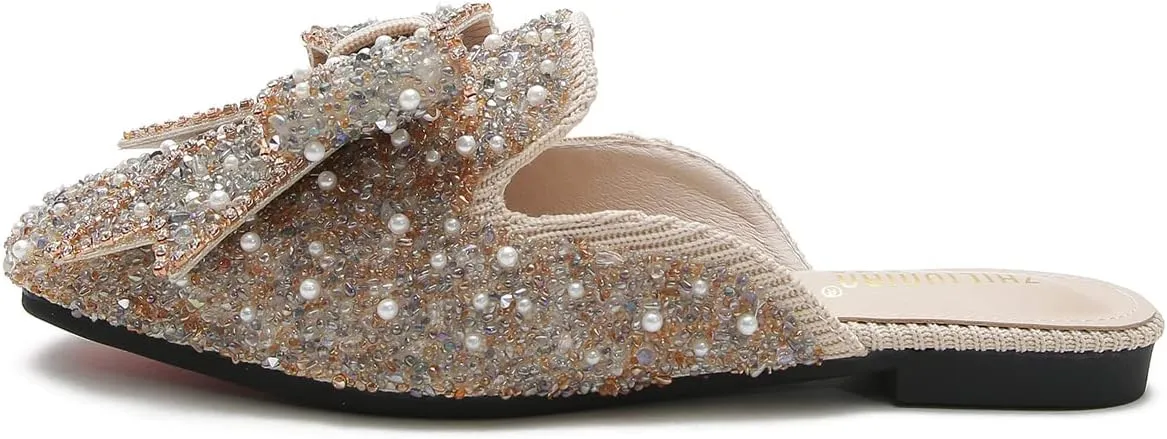 Hee grand Women Mules Bow-Knot Closed Square Toe Mules Fashion Rhinestones Flat Slippers Slip On Loafers Casual Flat Shoes