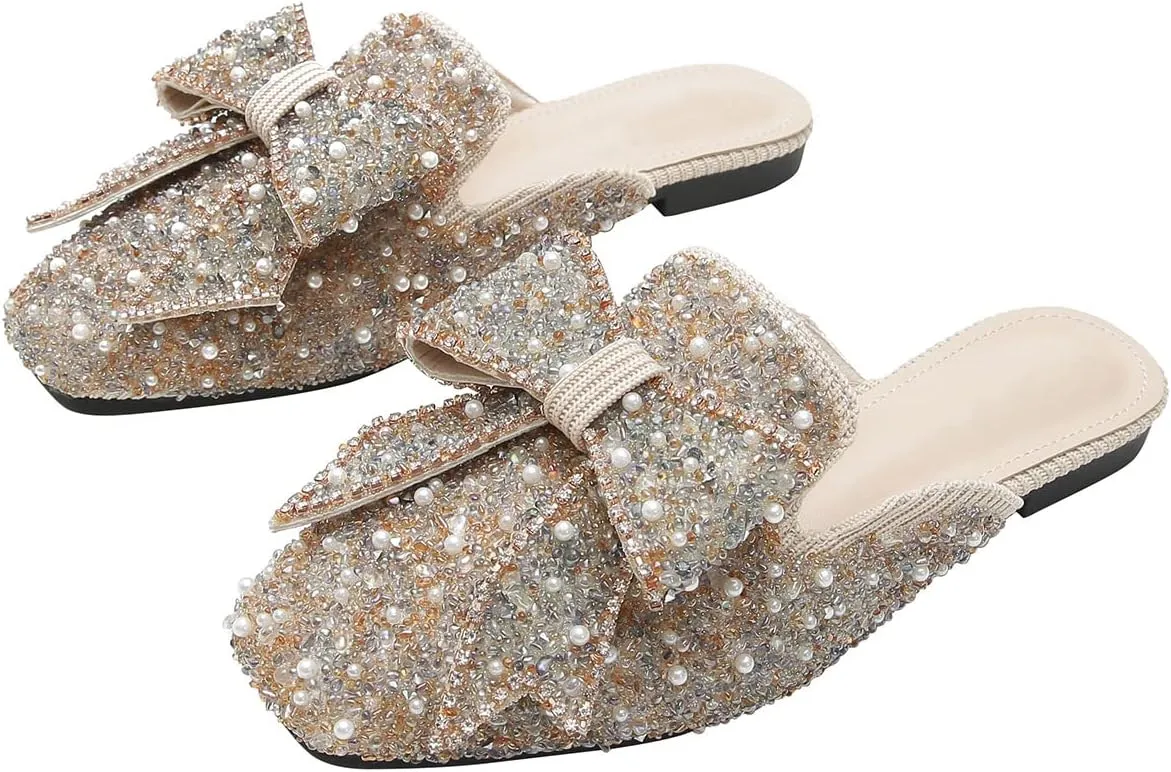 Hee grand Women Mules Bow-Knot Closed Square Toe Mules Fashion Rhinestones Flat Slippers Slip On Loafers Casual Flat Shoes