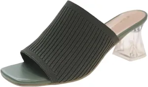 Heeled Mules for Women Square Toe Slip On Slides Chunky Block Pumps Knit Mules Summer Heels for Work Office