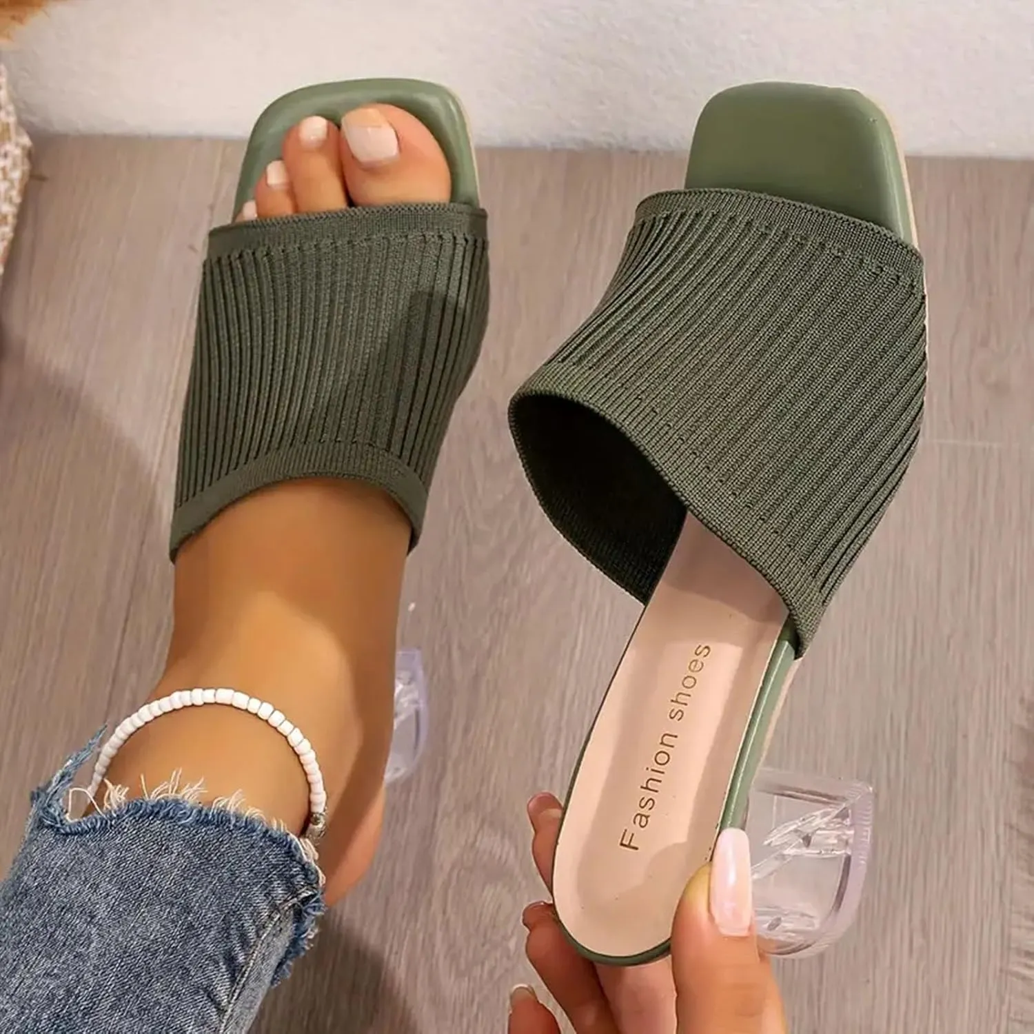 Heeled Mules for Women Square Toe Slip On Slides Chunky Block Pumps Knit Mules Summer Heels for Work Office