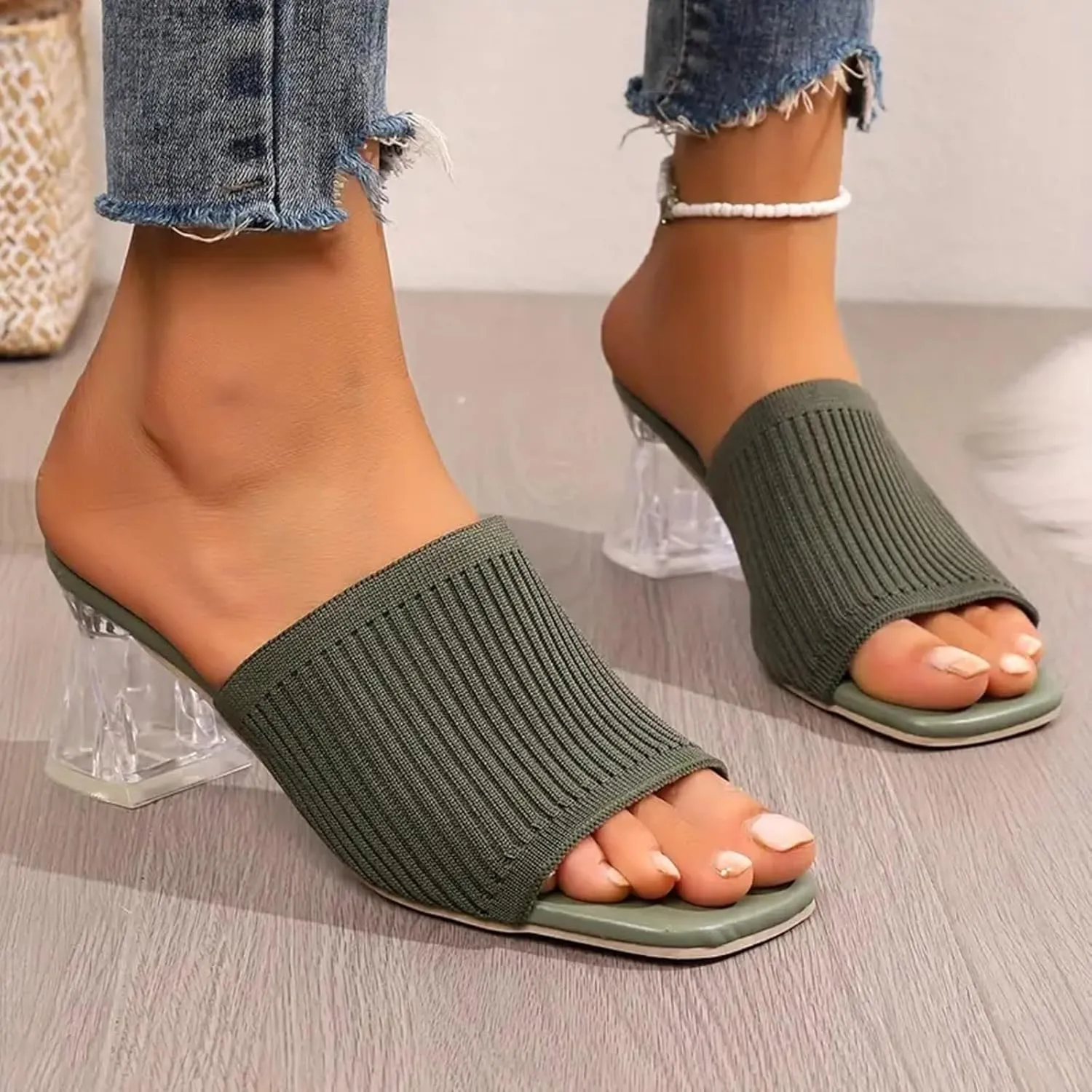 Heeled Mules for Women Square Toe Slip On Slides Chunky Block Pumps Knit Mules Summer Heels for Work Office