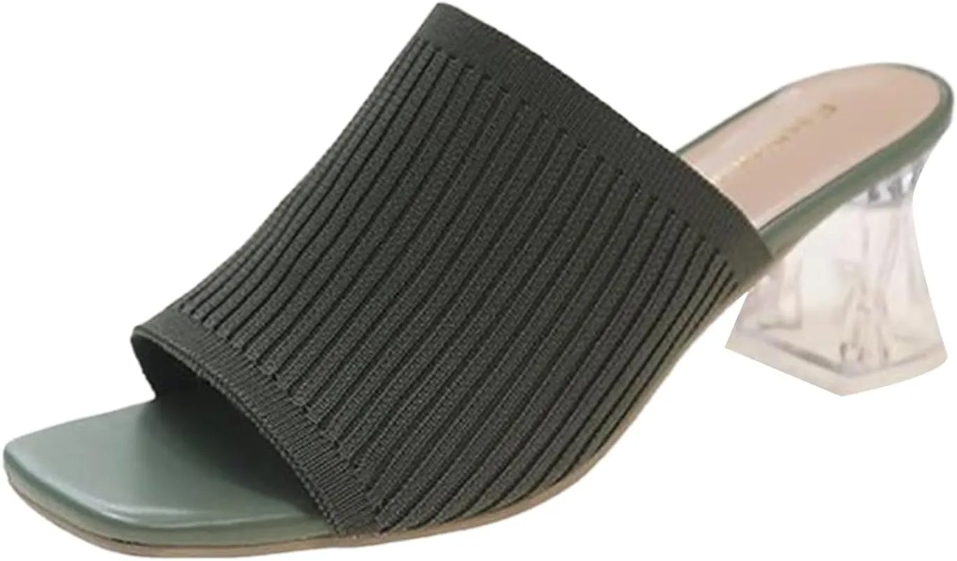 Heeled Mules for Women Square Toe Slip On Slides Chunky Block Pumps Knit Mules Summer Heels for Work Office