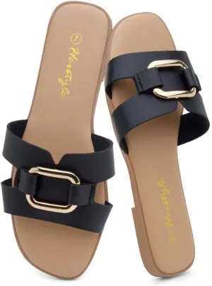 Herstyle Women's Flat Sandals 2025 – Trendy Square Open Toe Slides with Metal Chain, Memory Foam Cushioned Footbed, Slip-On Fashion Slippers for Summer