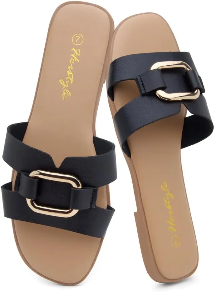 Herstyle Women's Flat Sandals 2025 – Trendy Square Open Toe Slides with Metal Chain, Memory Foam Cushioned Footbed, Slip-On Fashion Slippers for Summer