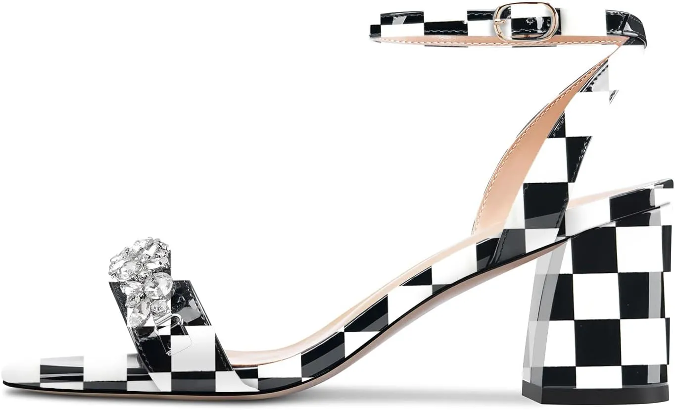 HEUIVZAR Women Chunky Block Mid Heel Peep Open Toe Sandals Ankle Strap Rhinestone Crystal Prom Dress 2.6 Inches Heels