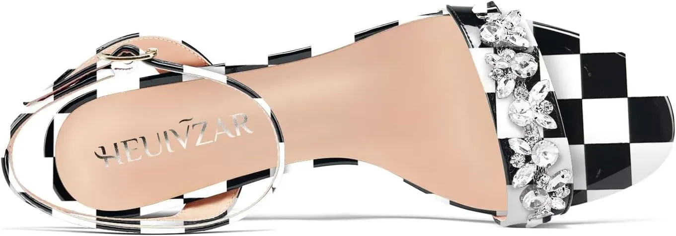 HEUIVZAR Women Chunky Block Mid Heel Peep Open Toe Sandals Ankle Strap Rhinestone Crystal Prom Dress 2.6 Inches Heels