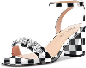 HEUIVZAR Women Chunky Block Mid Heel Peep Open Toe Sandals Ankle Strap Rhinestone Crystal Prom Dress 2.6 Inches Heels