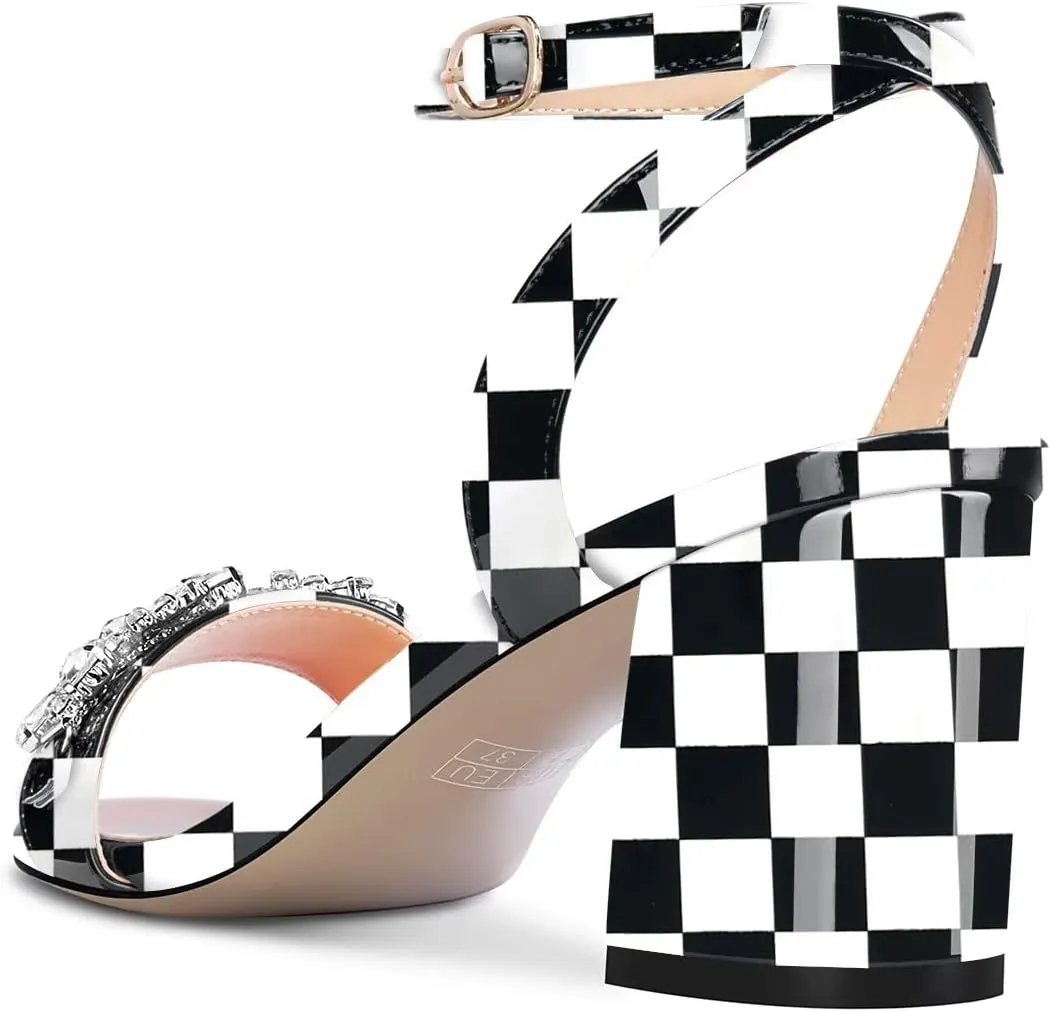 HEUIVZAR Women Chunky Block Mid Heel Peep Open Toe Sandals Ankle Strap Rhinestone Crystal Prom Dress 2.6 Inches Heels