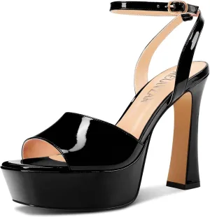 HEUIVZAR Womens Peep Open Square Toe Stiletto High Heel Ankle Strap Platform Sandals Prom Dress Shoes Patent Leather 4.7 Inches Heels