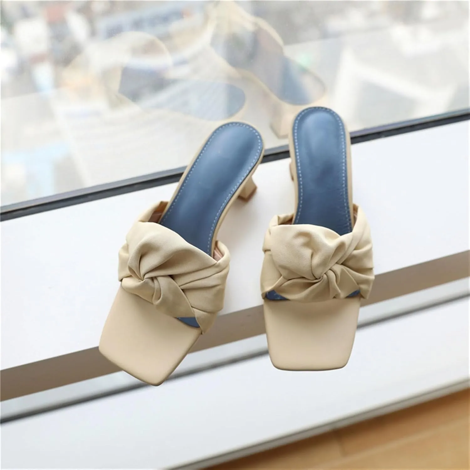 High Heels Chic Black Summer Slippers Women's Chiffon Square Toe High-Heeled Sandals Lightweight Comfort