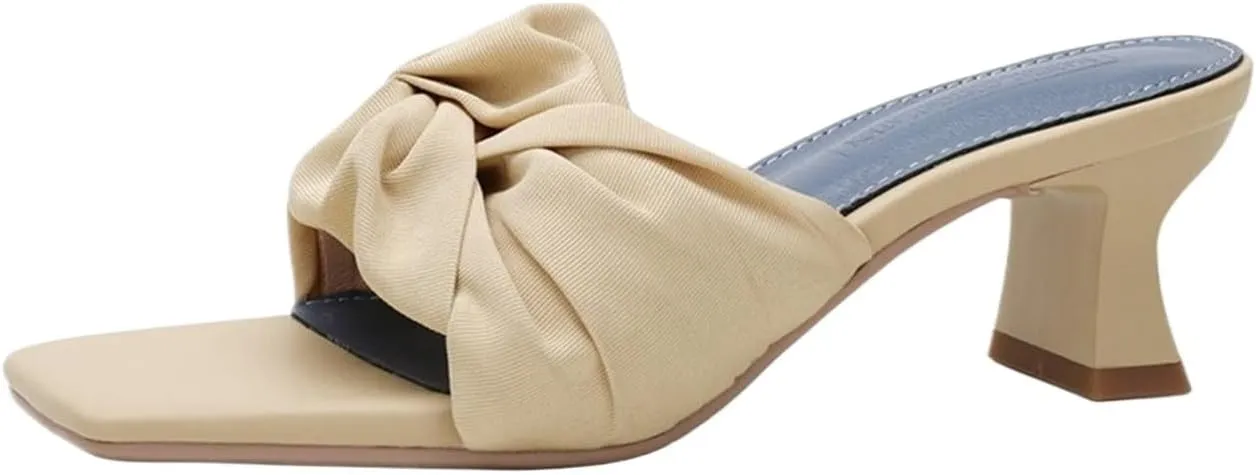 High Heels Chic Black Summer Slippers Women's Chiffon Square Toe High-Heeled Sandals Lightweight Comfort